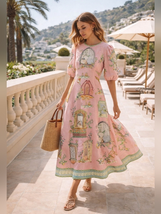 Alemais Dresses & Skirts - Alemais Monte Linen Midi Dress Pink Printed Flax Puff Sleeve Resort XXL